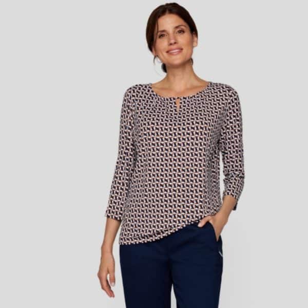 Leichtes DamenShirt mit 3/4 Arm, graphisches Muster in blau und braun von Rabe Mode 53-114358