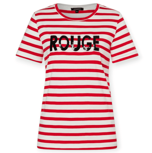 Rot-weiß gestreiftes T-Shirt mit schwarzer Schrift "rouge"darauf von More & More Artikel 51020064 bei Mode Sabine Lemke im Onlineshop oder in der Modeboutique in Winnenden shoppen!